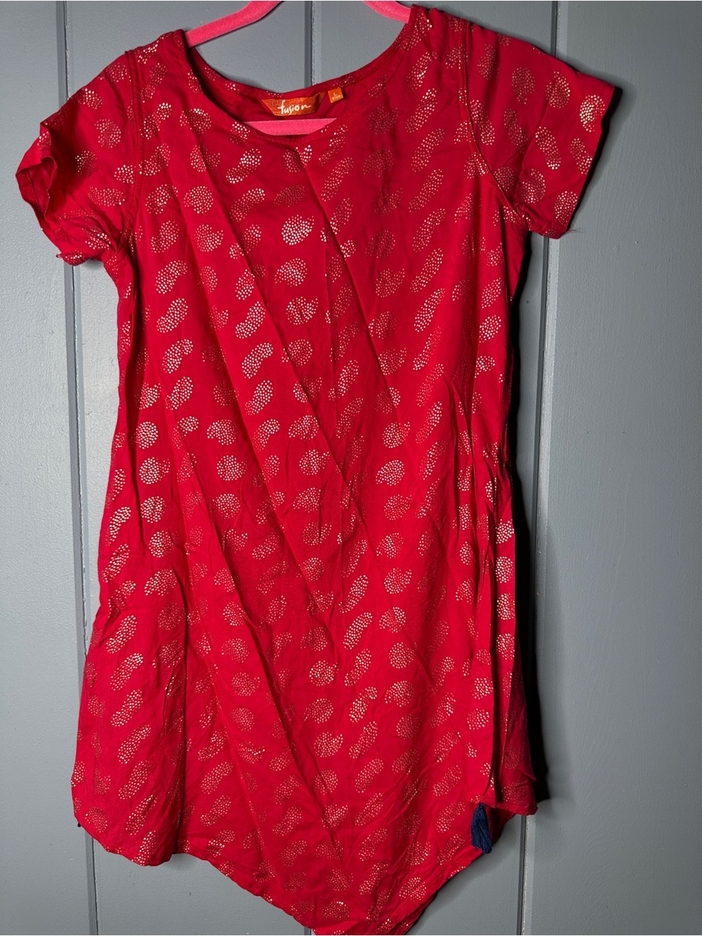 Bright Hot Pink Short-Sleeve Jersey Top with Metallic Dot Pattern Cover Up?